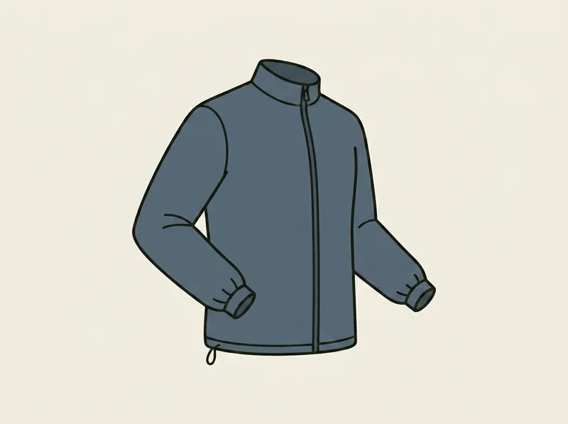 Illustration of a hoodless waterproof golf jacket with elasticated storm cuffs and a drawcord hem
