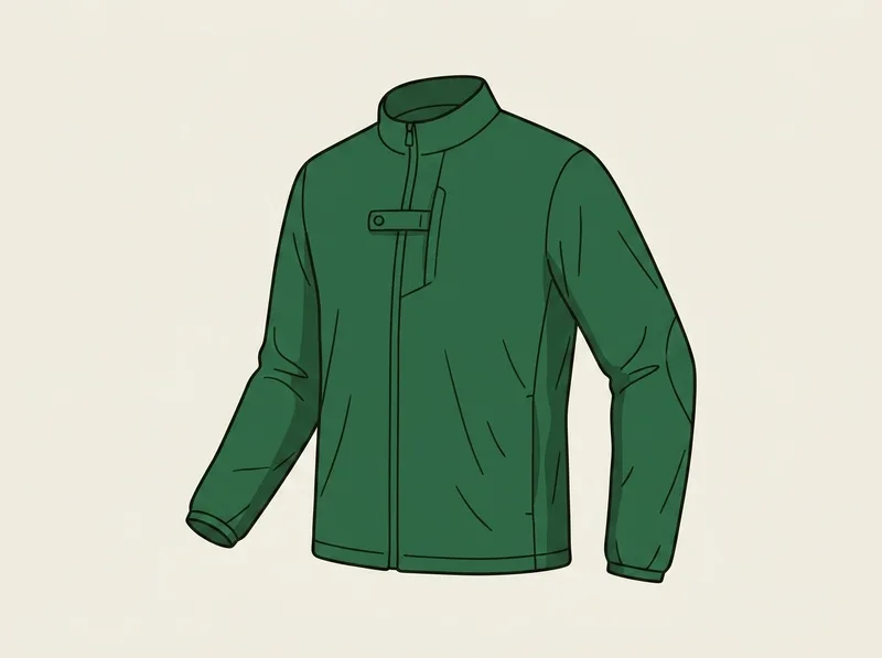 Illustration of a lightweight waterproof golf jacket with an adjustable chest tab and shaped sleeves