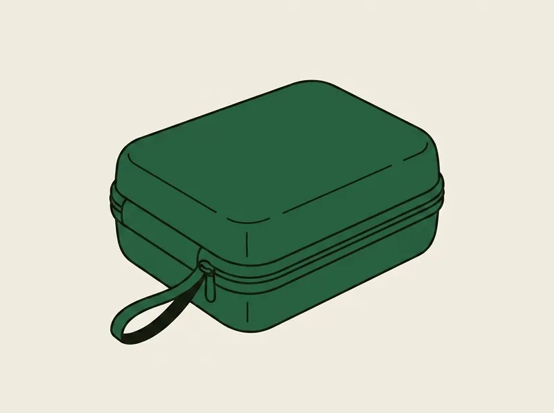 Illustration of a small rigid moulded case with a zip running around three edges