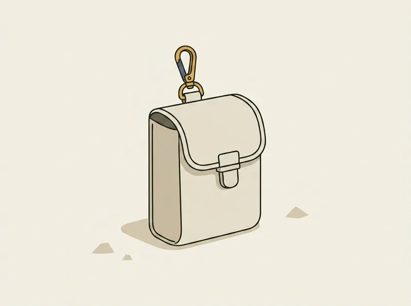 Illustration of a small moulded pouch with a clasp fastener and a metal clip