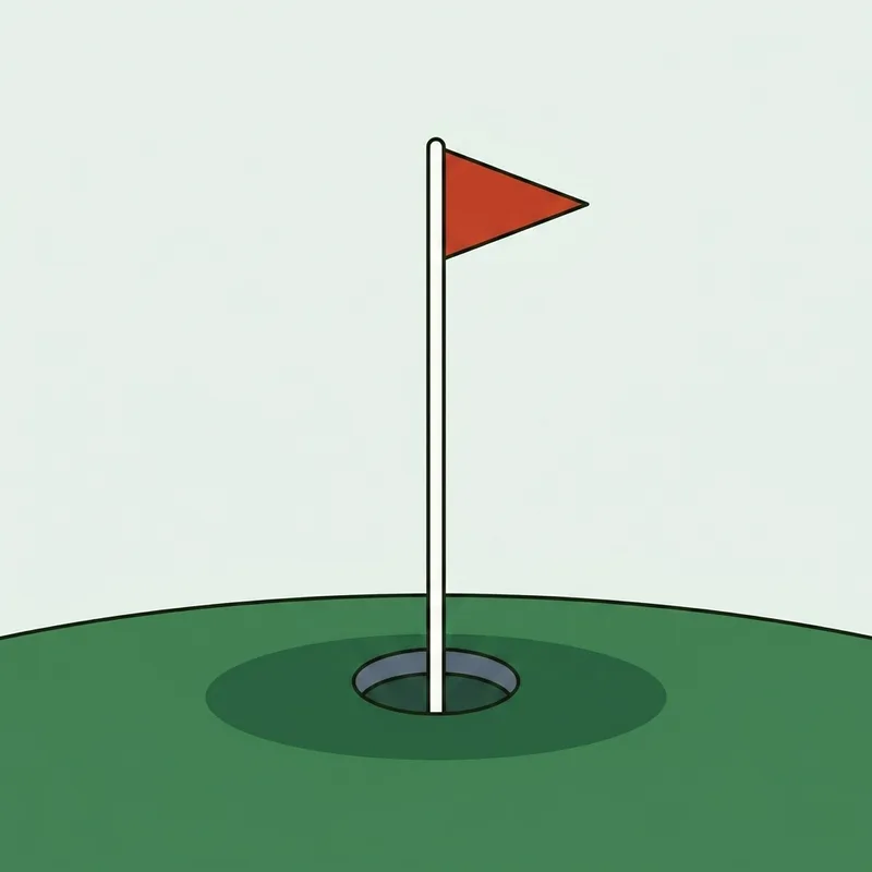 A flagstick standing in a hole on a putting green with the pennant hanging still