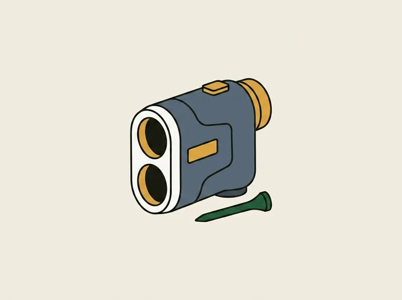 Illustration of a small compact golf laser rangefinder standing on one end beside a golf tee