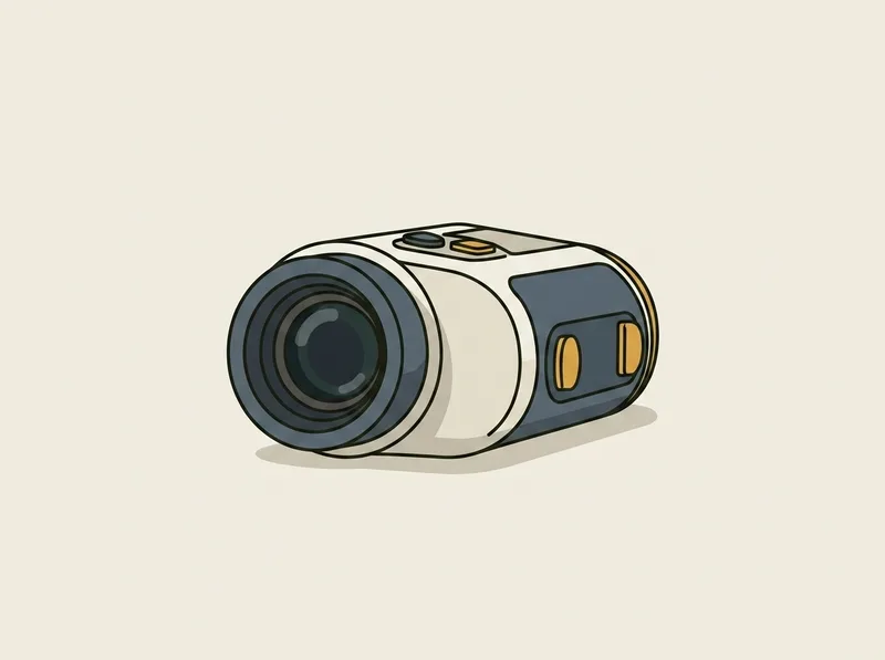 Illustration of a golf laser rangefinder lying on its side with the round eyepiece facing the viewer