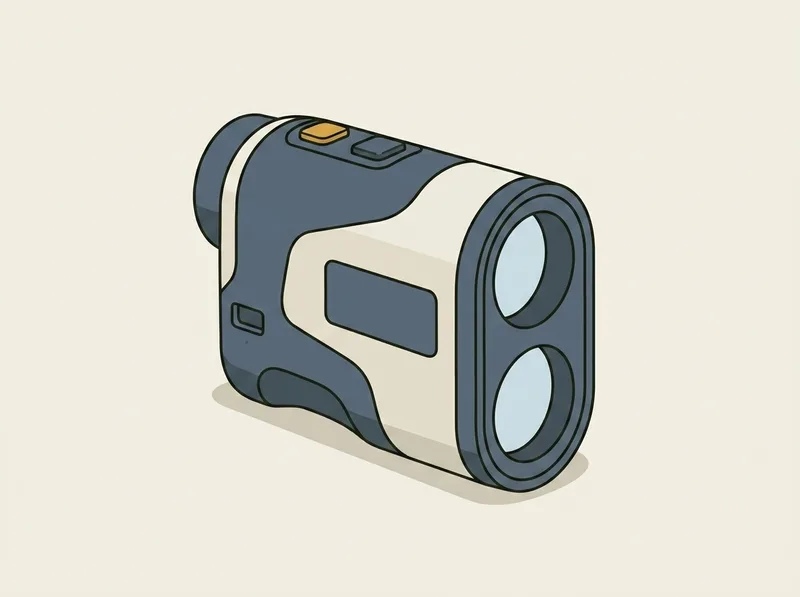 Illustration of a golf laser rangefinder standing upright with its eyepiece toward the viewer