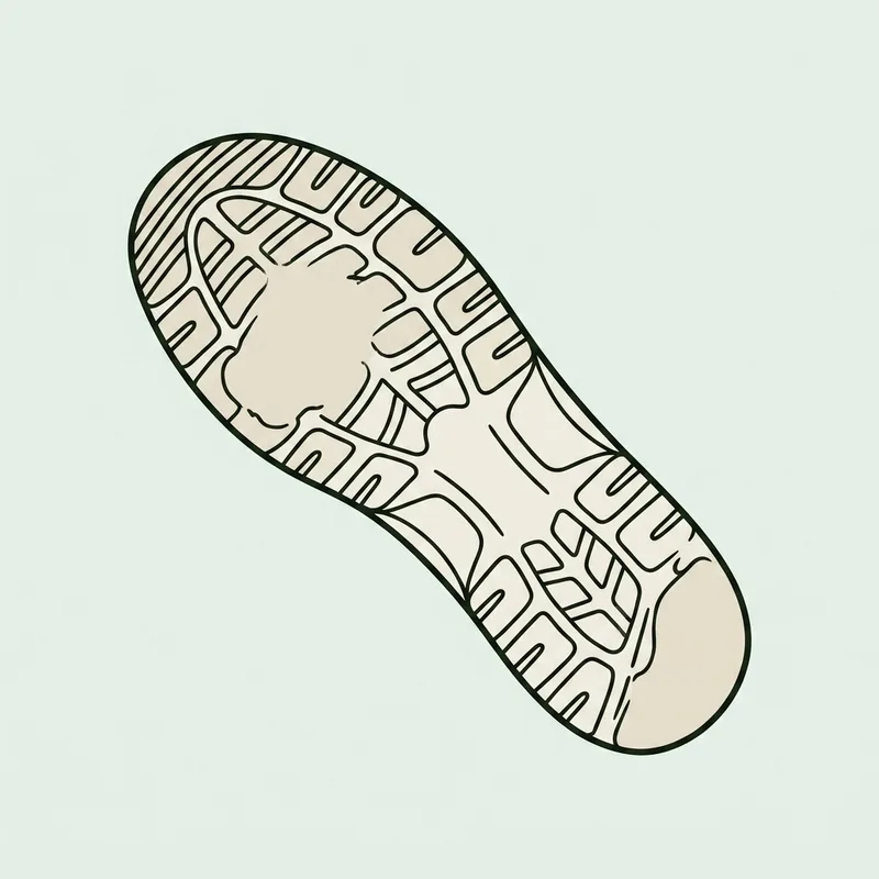 A golf shoe sole seen from below with the tread worn smooth under the ball of the foot and the outer heel