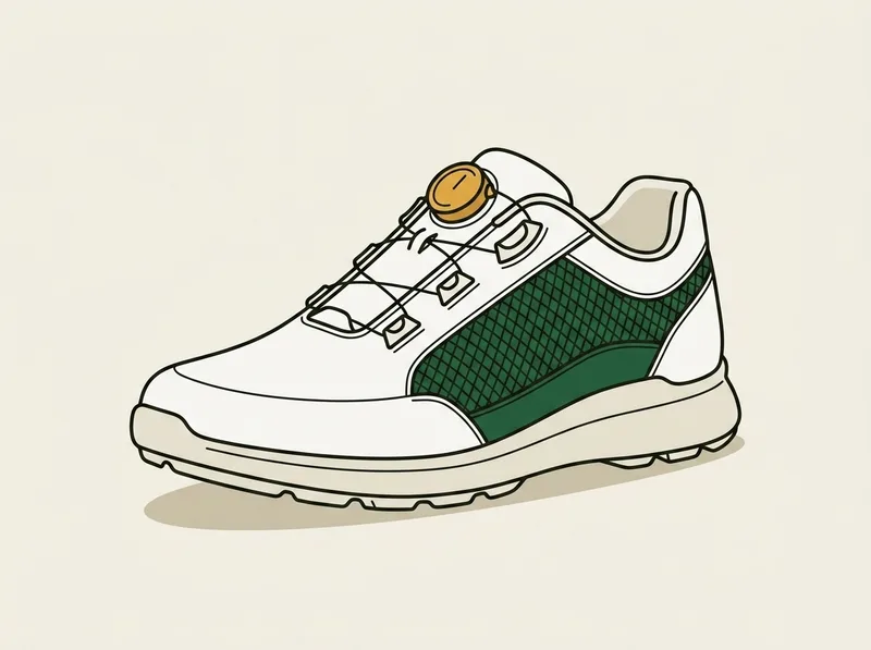 Illustration of a leather and mesh golf shoe with a dial closure on the side of the tongue