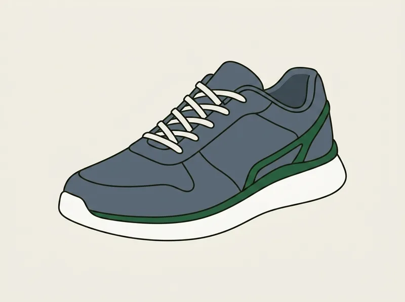 Illustration of a lightweight lace-up golf shoe with a wide flared sole and a smooth welded upper