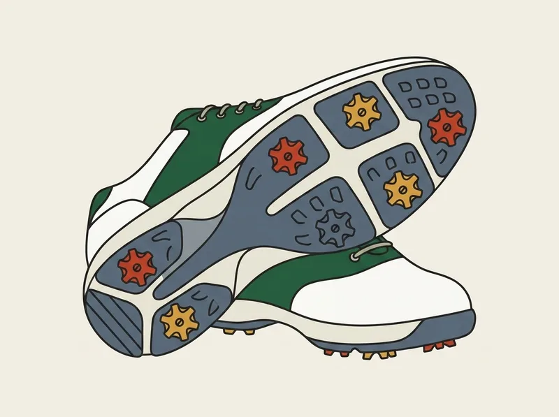 Illustration of a golf shoe tipped onto its side showing removable cleats set into the sole