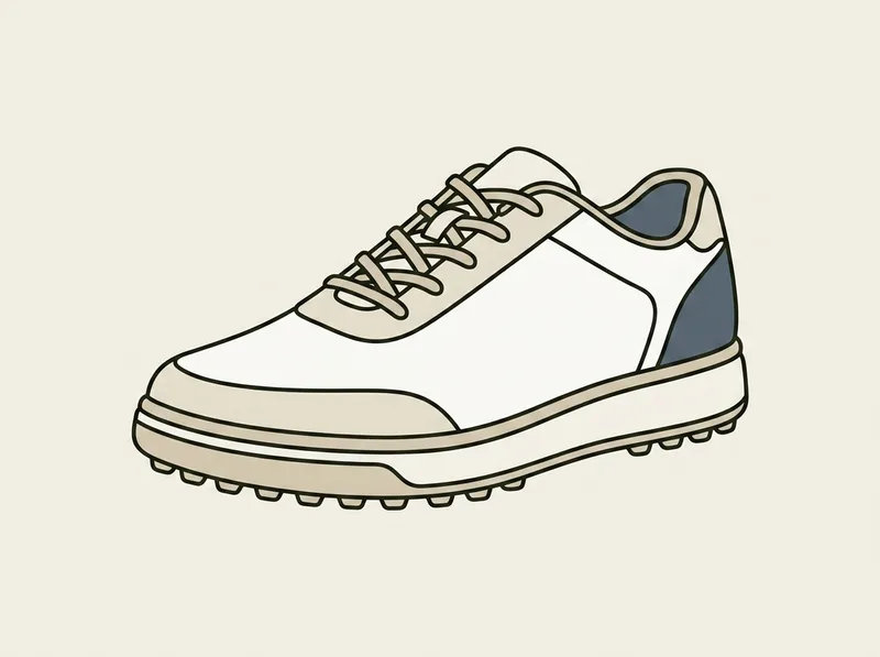 Illustration of a spikeless golf shoe seen from three quarters with moulded traction nubs on the sole
