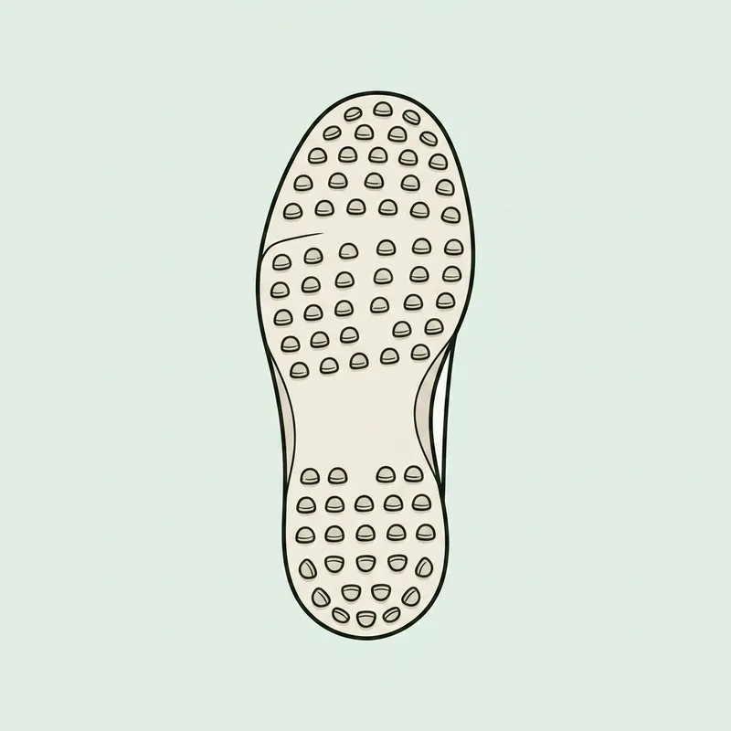 A golf shoe sole seen from below with the moulded traction nubs rounded and flattened from wear