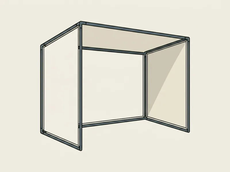 Illustration of a golf simulator enclosure frame with nylon side panelling and an open front