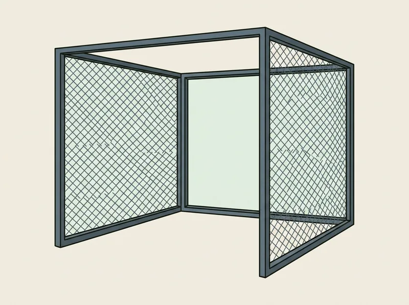 Illustration of a rectangular steel-framed golf simulator enclosure with netting on its sides