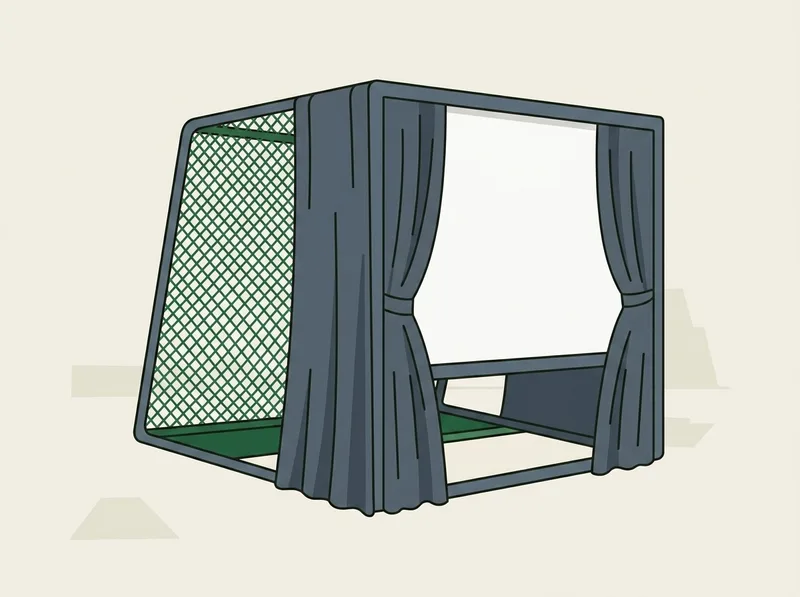 Illustration of a golf hitting bay combining a ball-return net with a screen and dark side curtains