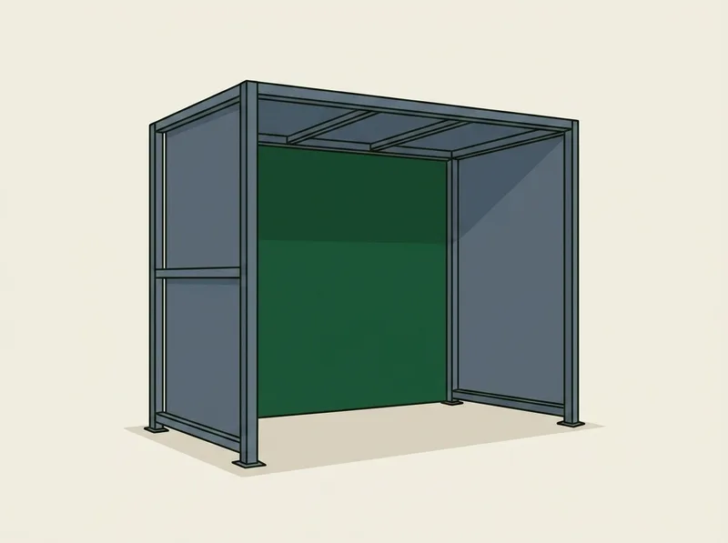 Illustration of a heavy-duty steel golf simulator enclosure frame with a dark impact screen fitted