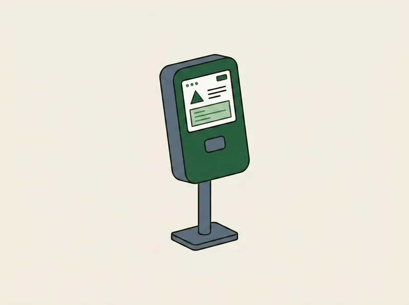 Illustration of a compact golf launch monitor with a built-in screen mounted on a short pole stand