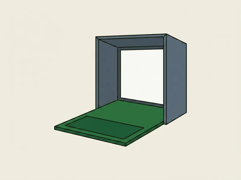 Illustration of a complete small golf simulator bay with a screen, frame and mat assembled together