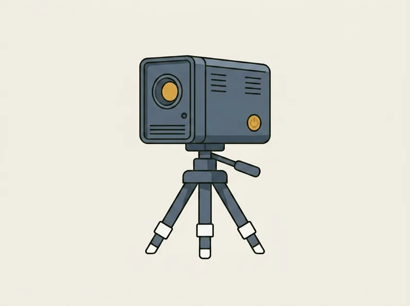 Illustration of a boxy golf launch monitor camera unit mounted on a short tripod stand