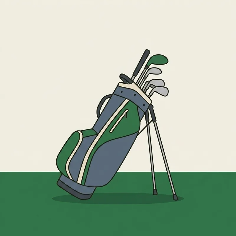 A golf stand bag standing tilted back on its supports on a mown fairway in soft light