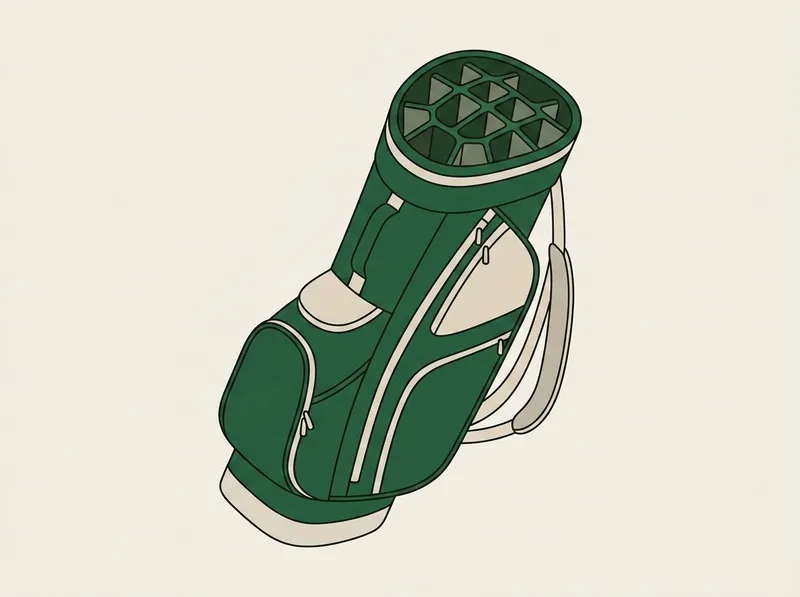 Illustration of a golf stand bag seen from a high angle with its open top divided into many separate compartments