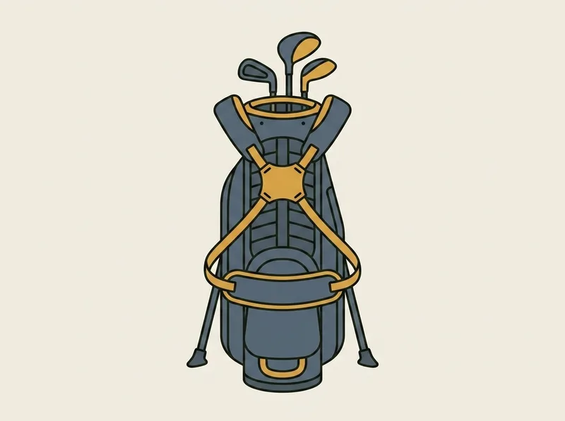 Illustration of a golf stand bag seen from behind showing a double shoulder harness joining at a yoke and a padded hip pad