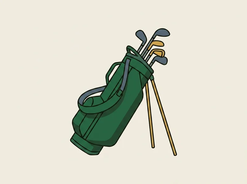 Illustration of a golf stand bag tipped back on two thin support poles with club grips showing above the rim