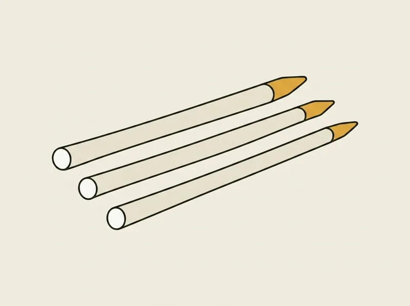 Illustration of three thin straight rods lying parallel on a flat surface