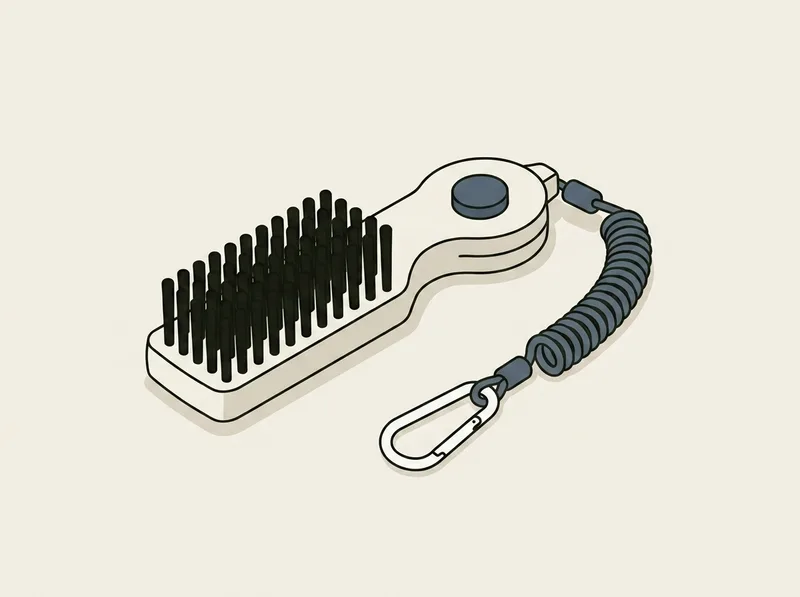 Illustration of a small golf club brush with a retractable cord and a clip