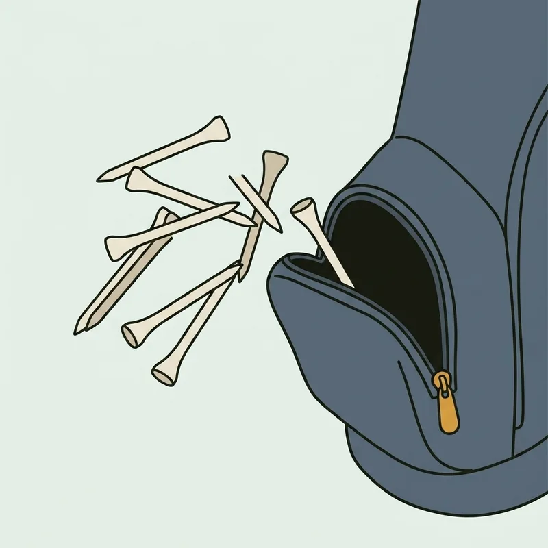 A scattering of wooden golf tees beside an open bag pocket on a plain surface