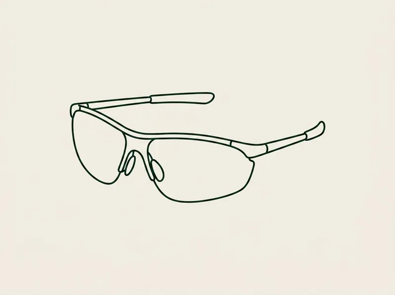 Illustration of a pair of half rim sport sunglasses seen from three quarters with wide curved lenses