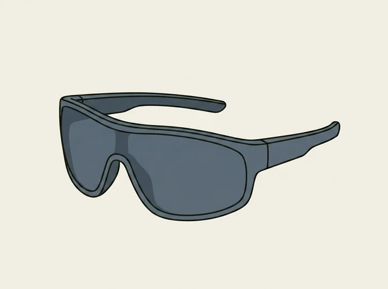 Illustration of a wrap style sunglass with a single curved lens and thick arms