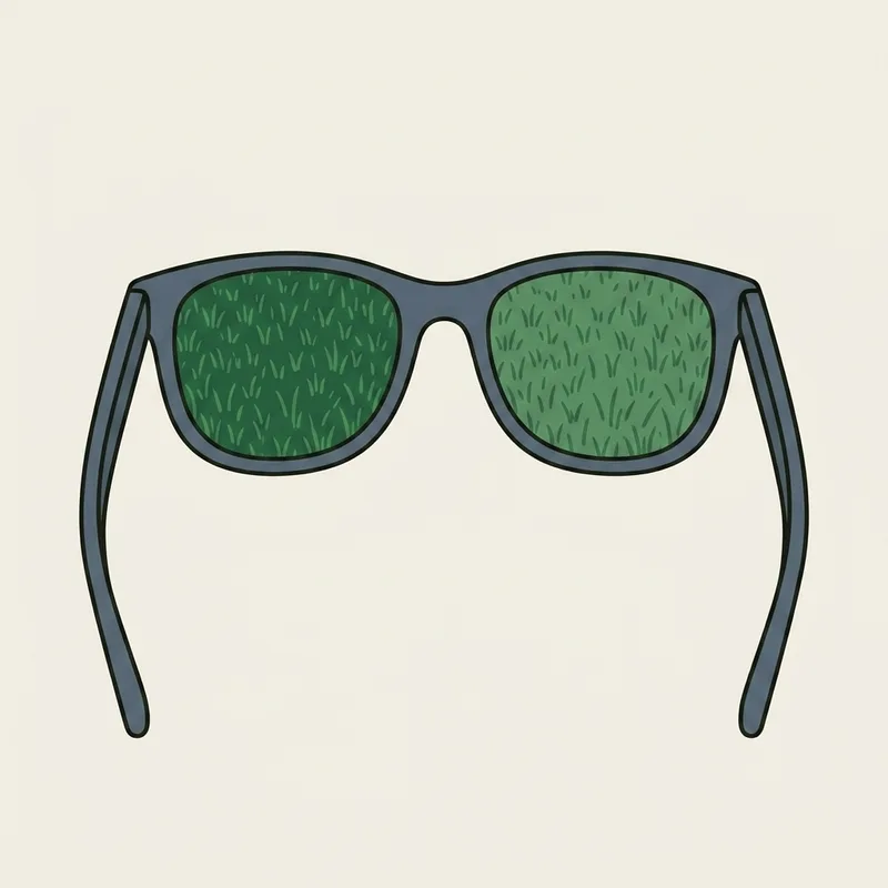 A pair of sunglasses seen from behind with mown grass visible through each lens in a different shade of green