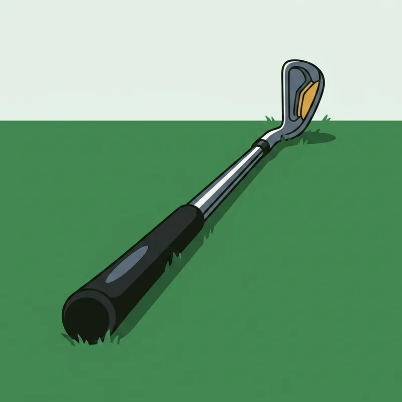 A golf club lying on mown grass with the grip toward the viewer in soft light