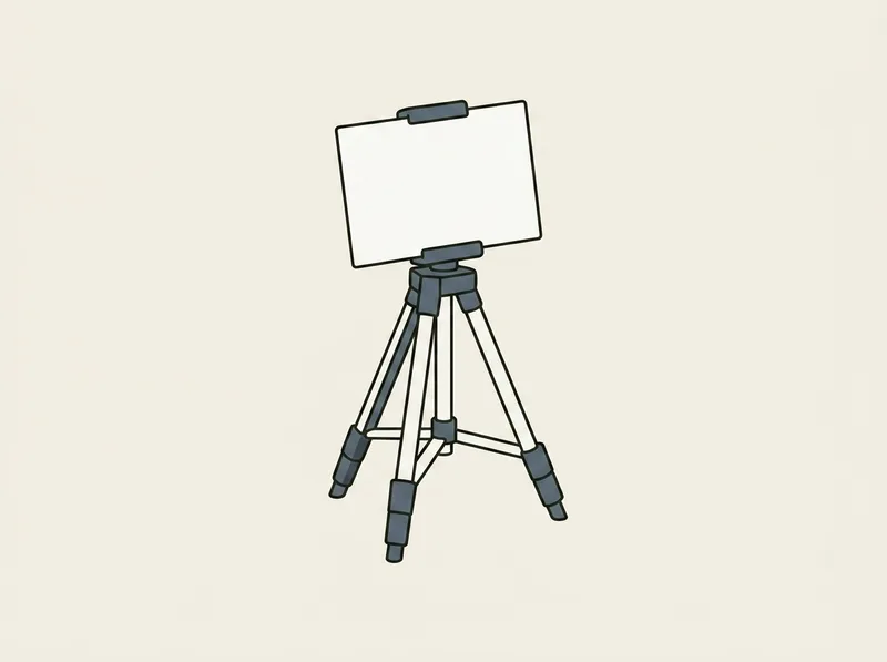 Illustration of a small folding tripod stand standing open with a plain blank rectangular plate clipped into its holder