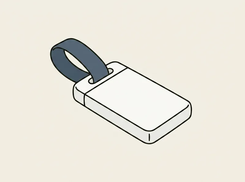 Illustration of a small blank rectangular electronic module with a closed strap looped through it