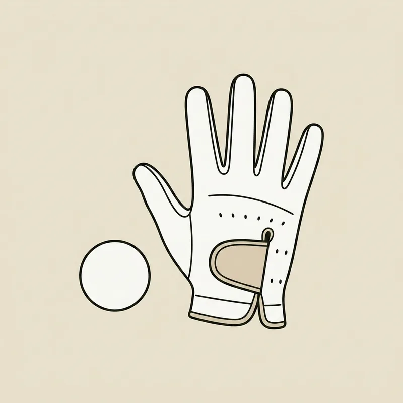 A golf glove lying flat with its fingers spread and a single golf ball resting beside it