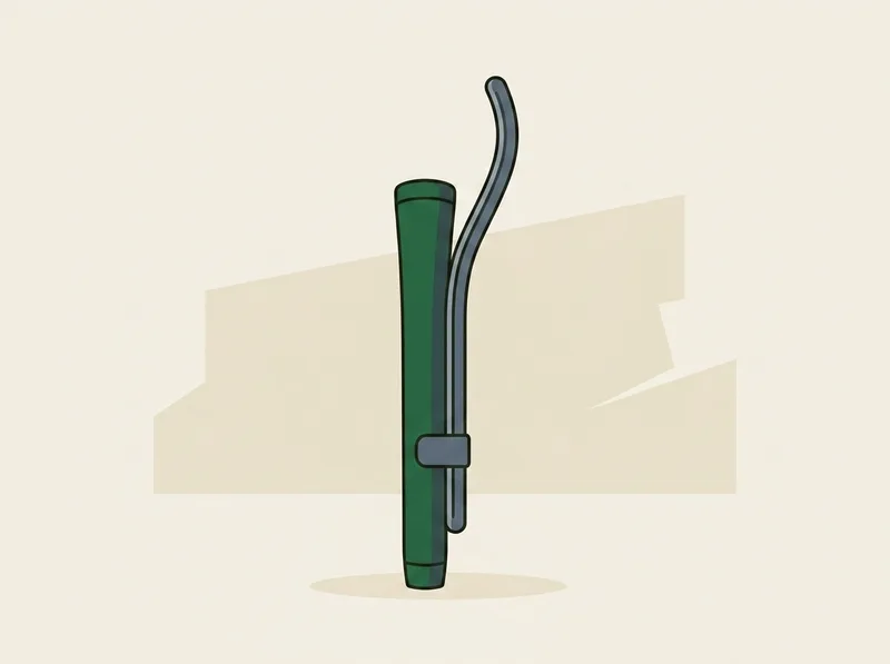 Illustration of a slim curved training bar clamped alongside a single golf club grip
