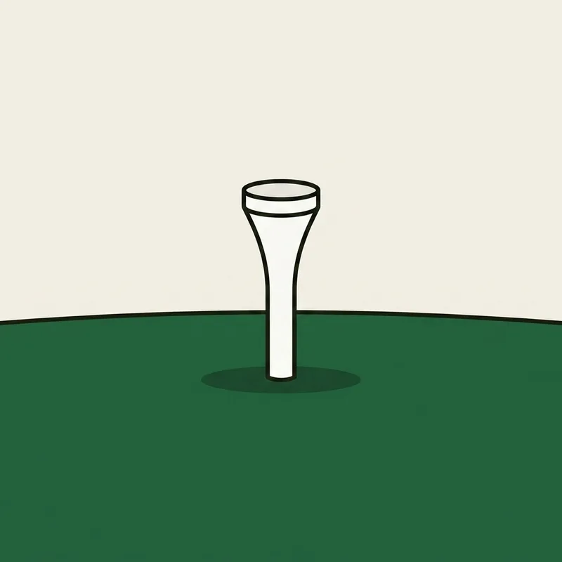 A golf tee pushed into short turf with only the top part visible above the grass
