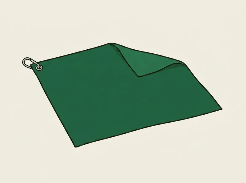 Illustration of a folded golf towel with two visible fabric layers and a metal clip at one corner