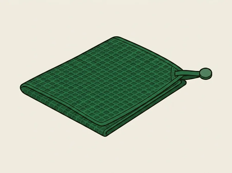 Illustration of a waffle textured golf towel folded in half with a magnetic strap at the corner