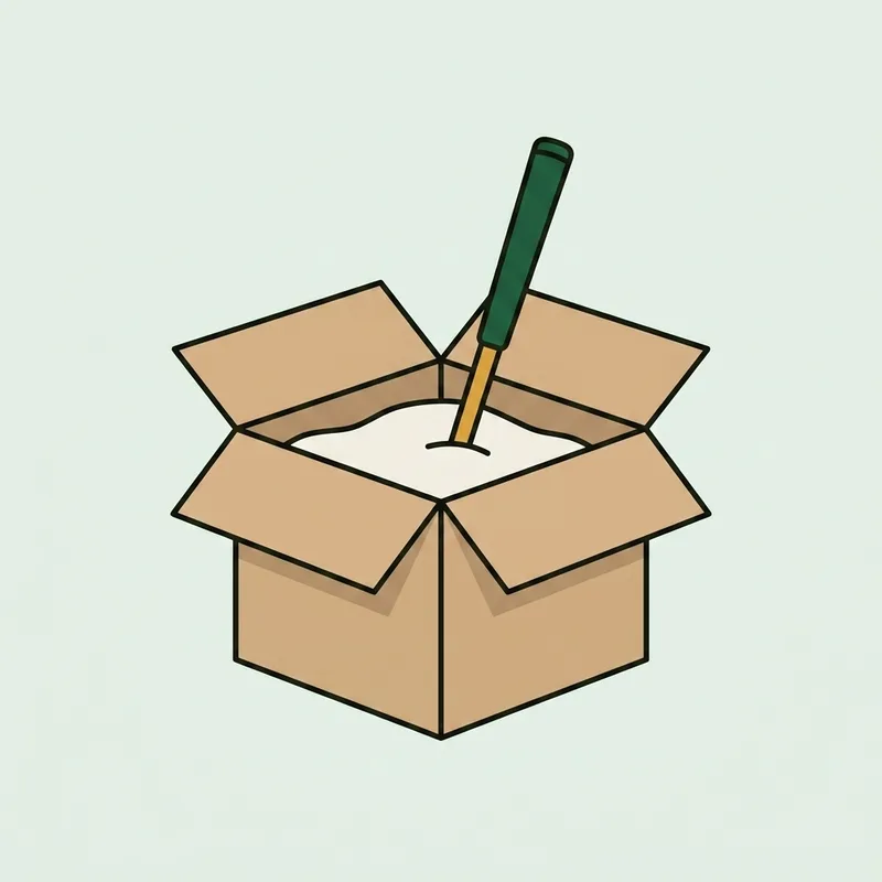 A cardboard box with its flaps open and the grip end of a golf training aid sticking out of the top