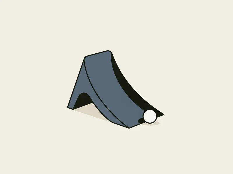 Illustration of a small curved putting target ramp with a golf ball resting at its mouth