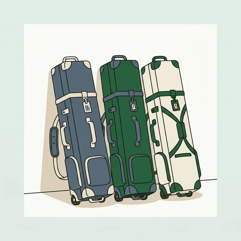 Three long golf travel cases standing upright leaning against a plain wall in flat indoor light