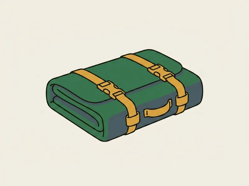 Illustration of a soft golf travel cover folded down into a flat compact bundle held closed with clips