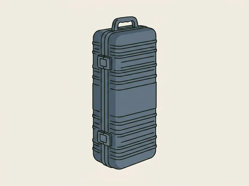 Illustration of a rigid moulded golf travel case standing on end with heavy latches down one edge