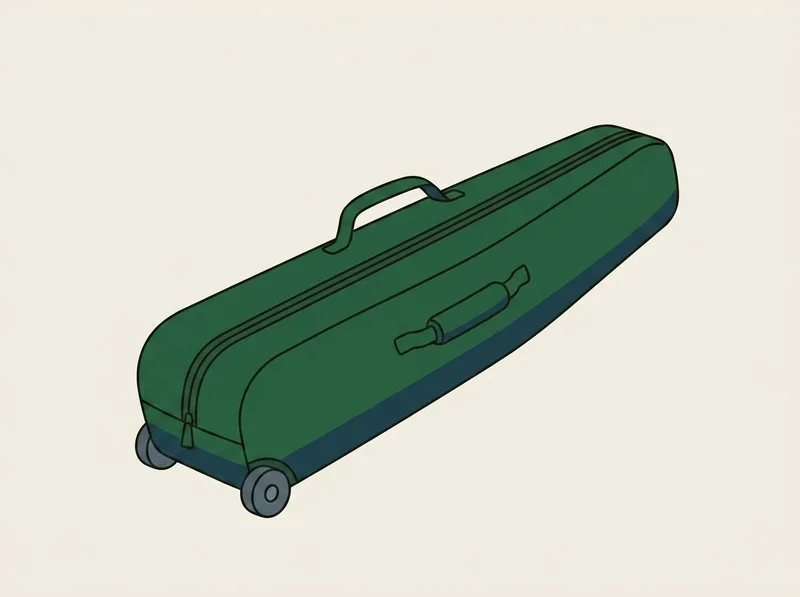 Illustration of a long soft golf travel bag lying at an angle with wheels at the narrow end and a full length zip