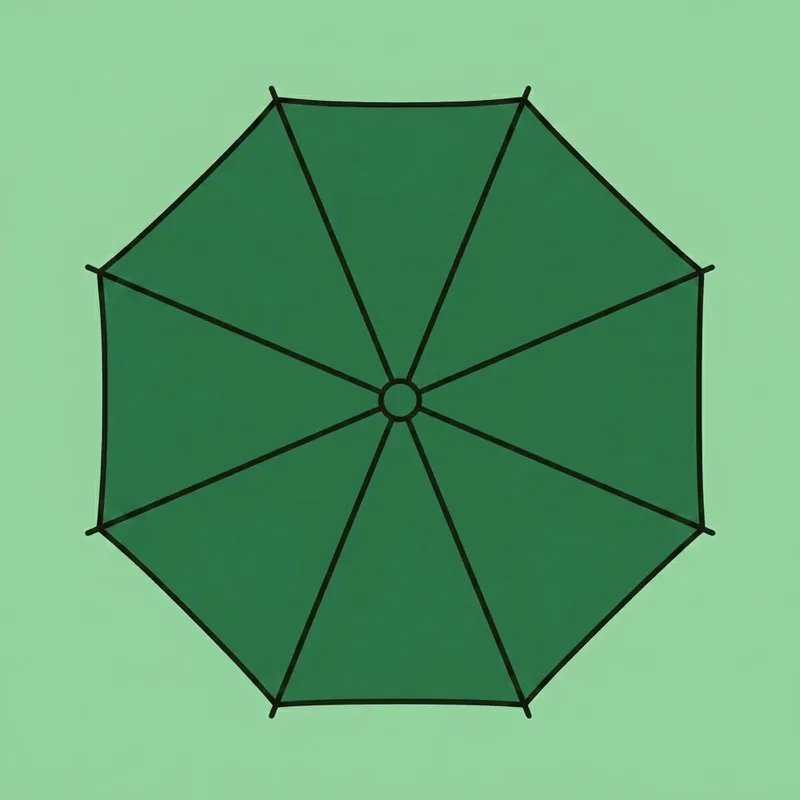 An open umbrella seen from below showing the ribs radiating out from the centre