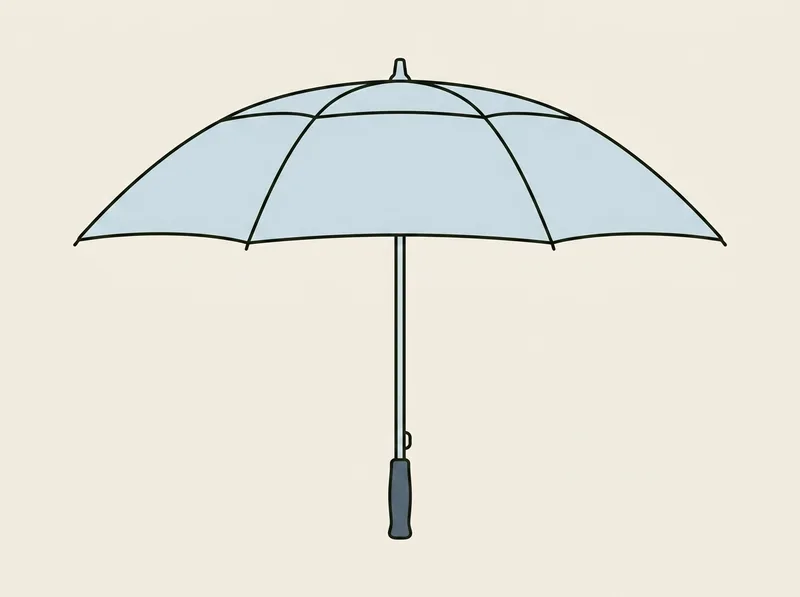 Illustration of a large open golf umbrella seen from the side with a long straight shaft