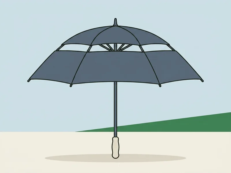 Illustration of a large open golf umbrella with a two tier canopy and a soft grip handle