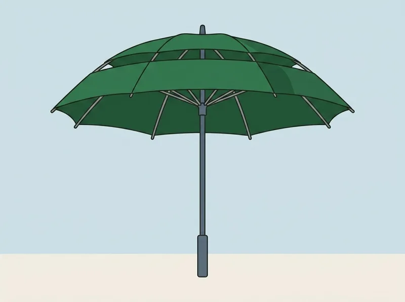 Illustration of a large open golf umbrella with a two tier canopy and a straight handle