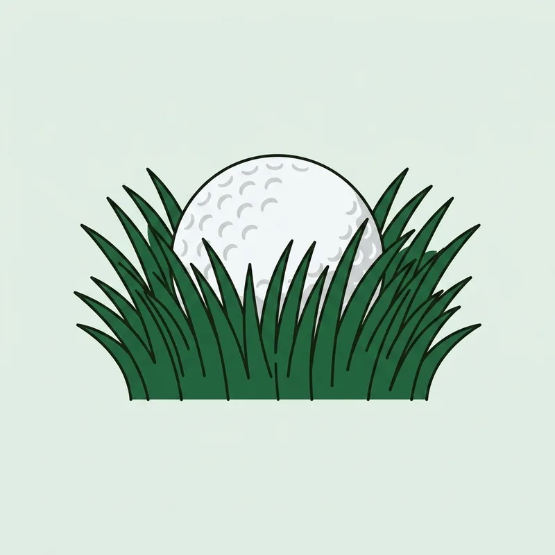 A golf ball sitting down in thick grass with only its top half visible